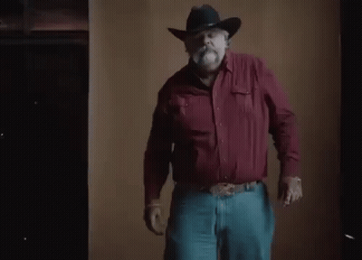 A Man With A Beard Wearing A Cowboy Hat And Gloves Is Standing In Front Of A Brown Wall . GIF