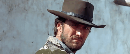 A Man With A Beard Wearing A Cowboy Hat Looks At The Camera GIF