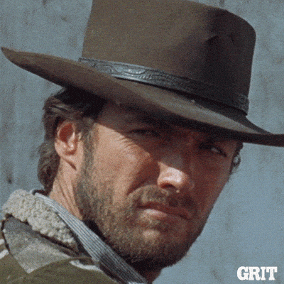 A Man With A Beard Wearing A Cowboy Hat With The Word Grit On The Bottom Right GIF