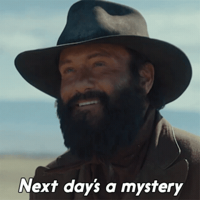 a man with a beard wearing a cowboy hat with the words next day 's a mystery