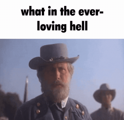 A Man With A Beard Wearing A Cowboy Hat With The Words What In The Ever Loving Hell GIF