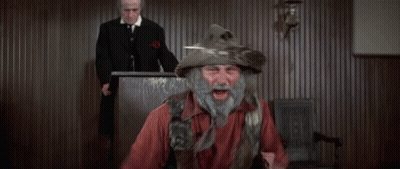 A Man With A Beard Wearing A Feathered Hat Stands In Front Of A Judge GIF