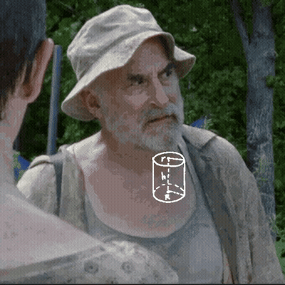 A Man With A Beard Wearing A Hat And A Tank Top Has A Cylinder Drawn On His Chest GIF