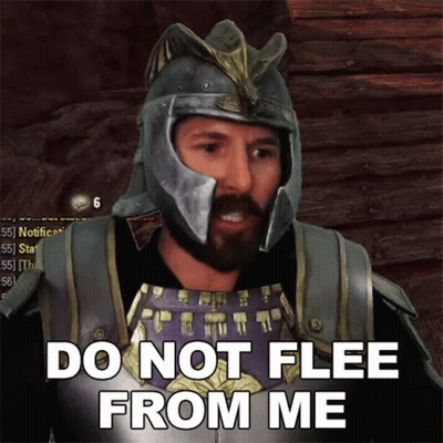 A Man With A Beard Wearing A Helmet Says Do Not Flee From Me GIF