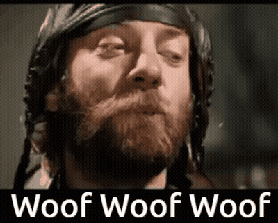 A Man With A Beard Wearing A Helmet With The Words Woof Woof Woof Written Below Him GIF