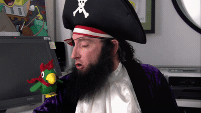 A Man With A Beard Wearing A Pirate Hat And Holding A Stuffed Parrot GIF