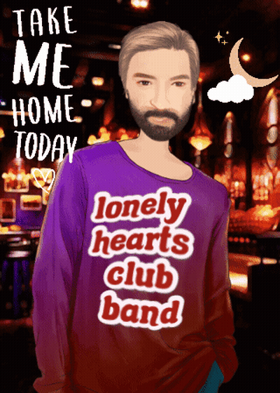 A Man With A Beard Wearing A Purple Shirt That Says Lonely Hearts Club Band GIF