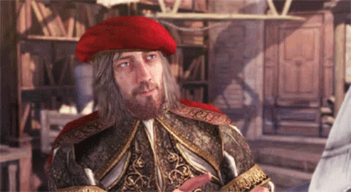 A Man With A Beard Wearing A Red Hat And A Fancy Costume GIF