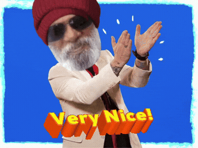 a man with a beard wearing a red hat and sunglasses applauds with the words " very nice " above him