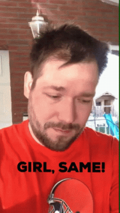 A Man With A Beard Wearing A Red Shirt That Says " Girl Same " GIF
