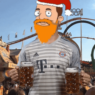 A Man With A Beard Wearing A Santa Hat Is Holding Two Beer Mugs GIF