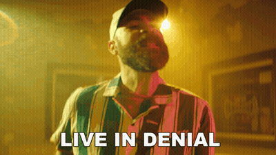 A Man With A Beard Wearing A Striped Shirt And A Hat Says Live In Denial GIF