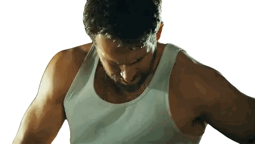 A Man With A Beard Wearing A Tank Top Looks Down Sticker