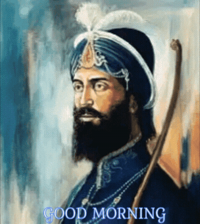 A Man With A Beard Wearing A Turban And Holding A Cane With The Words Good Morning Above Him GIF