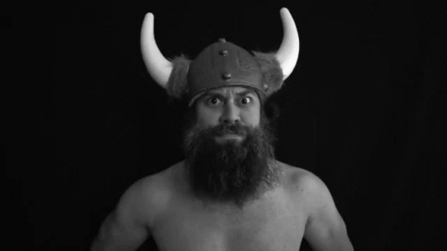 A Man With A Beard Wearing A Viking Helmet GIF