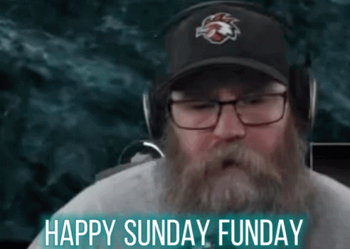 A Man With A Beard Wearing Headphones And A Baseball Cap Says Happy Sunday Funday GIF