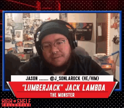 A Man With A Beard Wearing Headphones And A Sign That Says " Lumberjack " GIF
