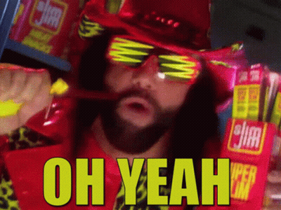 A Man With A Beard Wearing Sunglasses And A Red Hat Says Oh Yeah In Yellow Letters GIF