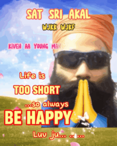 A Man With A Beard Wearing Sunglasses And A Turban Says " Be Happy " GIF
