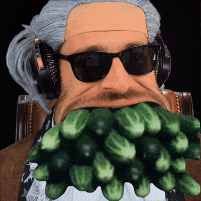 A Man With A Beard Wearing Sunglasses And Headphones Is Eating A Bunch Of Cucumbers GIF