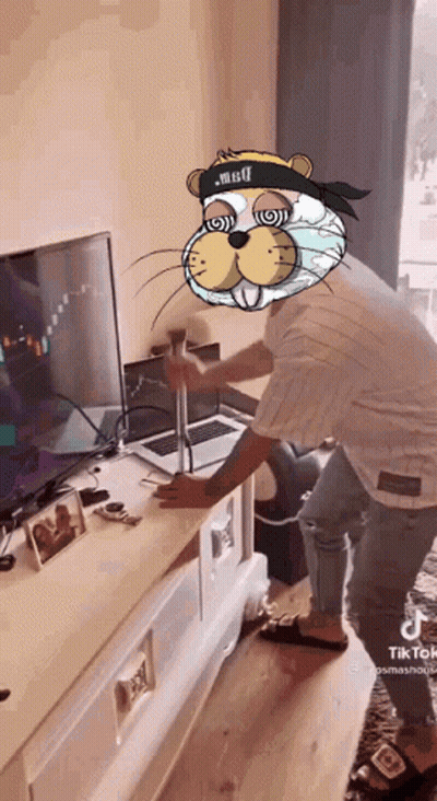 A Man With A Beaver Mask On His Head Is Standing In Front Of A Tv . GIF