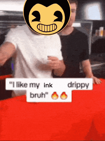 A Man With A Bendy Face On His Head Says " I Like My Ink Drippy Bruh " On A Red Background GIF