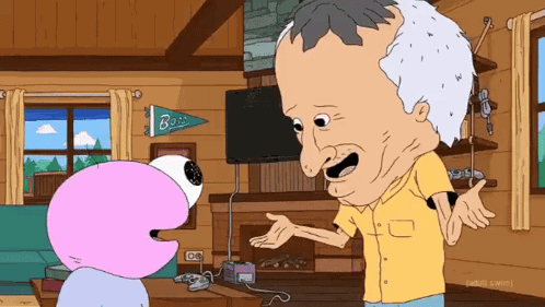 A Man With A Big Head Is Talking To A Cartoon Character With A Banner That Says Bass GIF