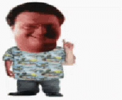 A Man With A Big Head Is Wearing A Blue Shirt And Giving A Middle Finger . GIF