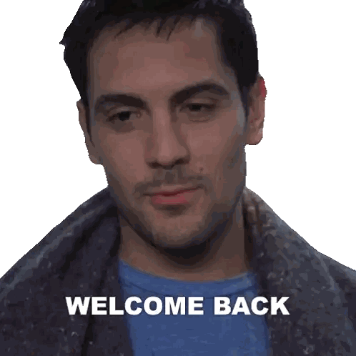 A Man With A Blanket Around His Neck And The Words Welcome Back Written Below Him Sticker