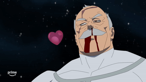 A Man With A Bloody Nose Is Holding A Pink Heart In His Hand And The Word Prime Is On The Bottom GIF