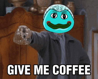 A Man With A Blue Face Pointing At The Camera With The Words Give Me Coffee GIF