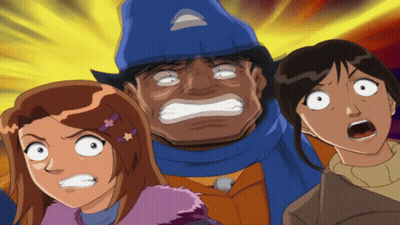 A Man With A Blue Hat Is Surrounded By Two Girls With Their Mouths Open GIF