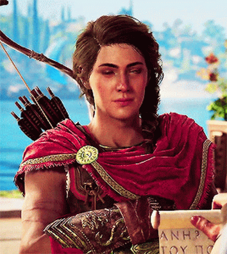 A Man With A Bow And Arrow Is Holding A Piece Of Paper That Says ' Anh ' On It . GIF