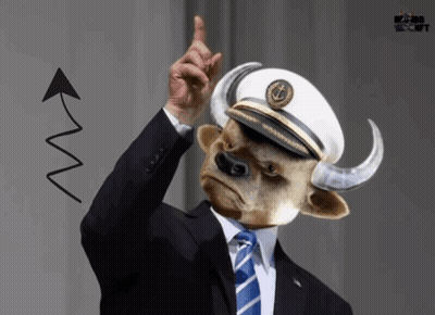 A Man With A Bull Head Wearing A Captain 'S Hat Points Up GIF