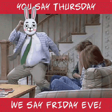 A Man With A Bunny Mask On His Face Is Dancing In A Living Room With People Sitting On A Couch . GIF