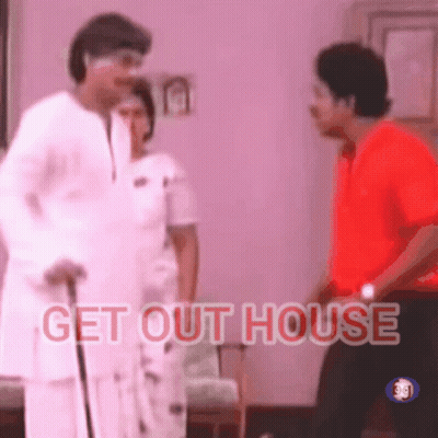 A Man With A Cane Is Talking To Another Man In A Red Shirt With The Words Get Out House Below Him GIF