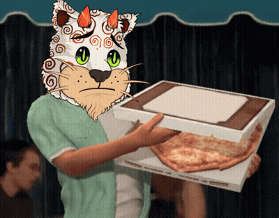 A Man With A Cat Mask Holding A Box Of Pizza GIF
