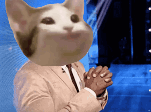 A Man With A Cat 'S Head On His Head GIF