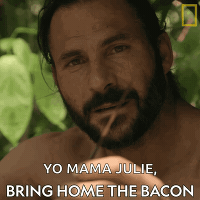 A Man With A Cigarette In His Mouth And The Words Yo Mama Julie Bring Home The Bacon Below Him GIF