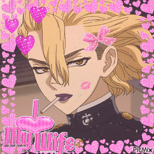 A Man With A Cigarette In His Mouth Has A Pink Bow On His Head And A Kiss On His Cheek GIF