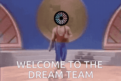 A Man With A Circle On His Head Is Walking With The Words Welcome To The Dream Team Behind Him GIF