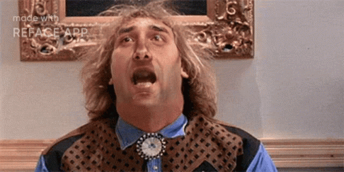 A Man With A Clock Around His Neck Is Making A Surprised Face . GIF