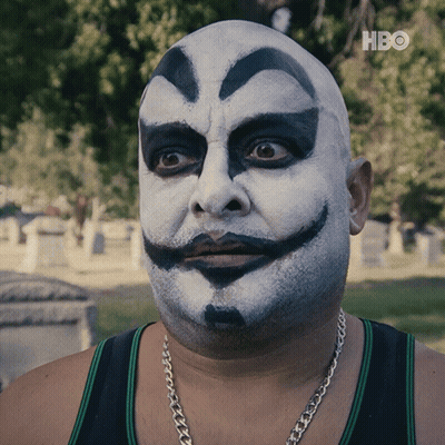 A Man With A Clown Face Painted On His Face And A Hbo Logo In The Corner GIF