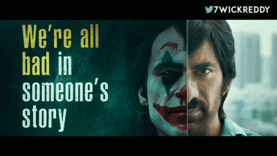 A Man With A Clown Face Painted On His Face And The Words We 'Re All Bad In Someone 'S Story On The Bottom GIF