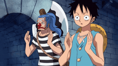 A Man With A Clown Mask On His Face Stands Next To A Man With A Monkey D Luffy On His Back GIF