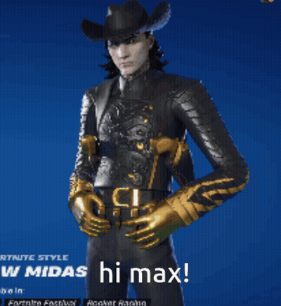 A Man With A Cowboy Hat And Gold Gloves Is Standing In Front Of A Blue Background That Says Fortnite Style GIF