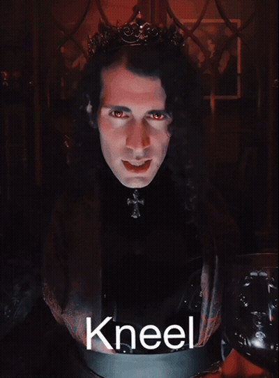 A Man With A Crown On His Head And The Word Kneel On The Bottom GIF