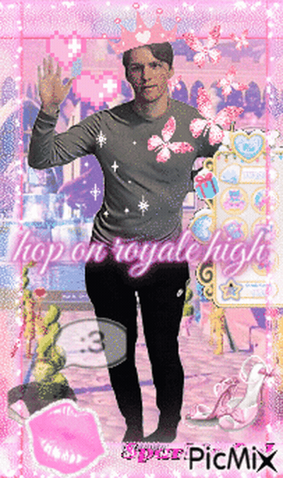 A Man With A Crown On His Head Stands In Front Of A Pink Background That Says Shop On Royale High GIF