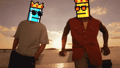 A Man With A Crown On His Head Stands Next To Another Man With A Flame On His Head GIF