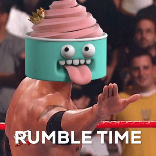 A Man With A Cupcake On His Head And The Words " Rumble Time " Below Him GIF